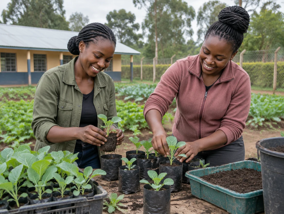 AI-generated illustrative scene of young Kenyan adult women working together in an outdoor vegetable nursery.
