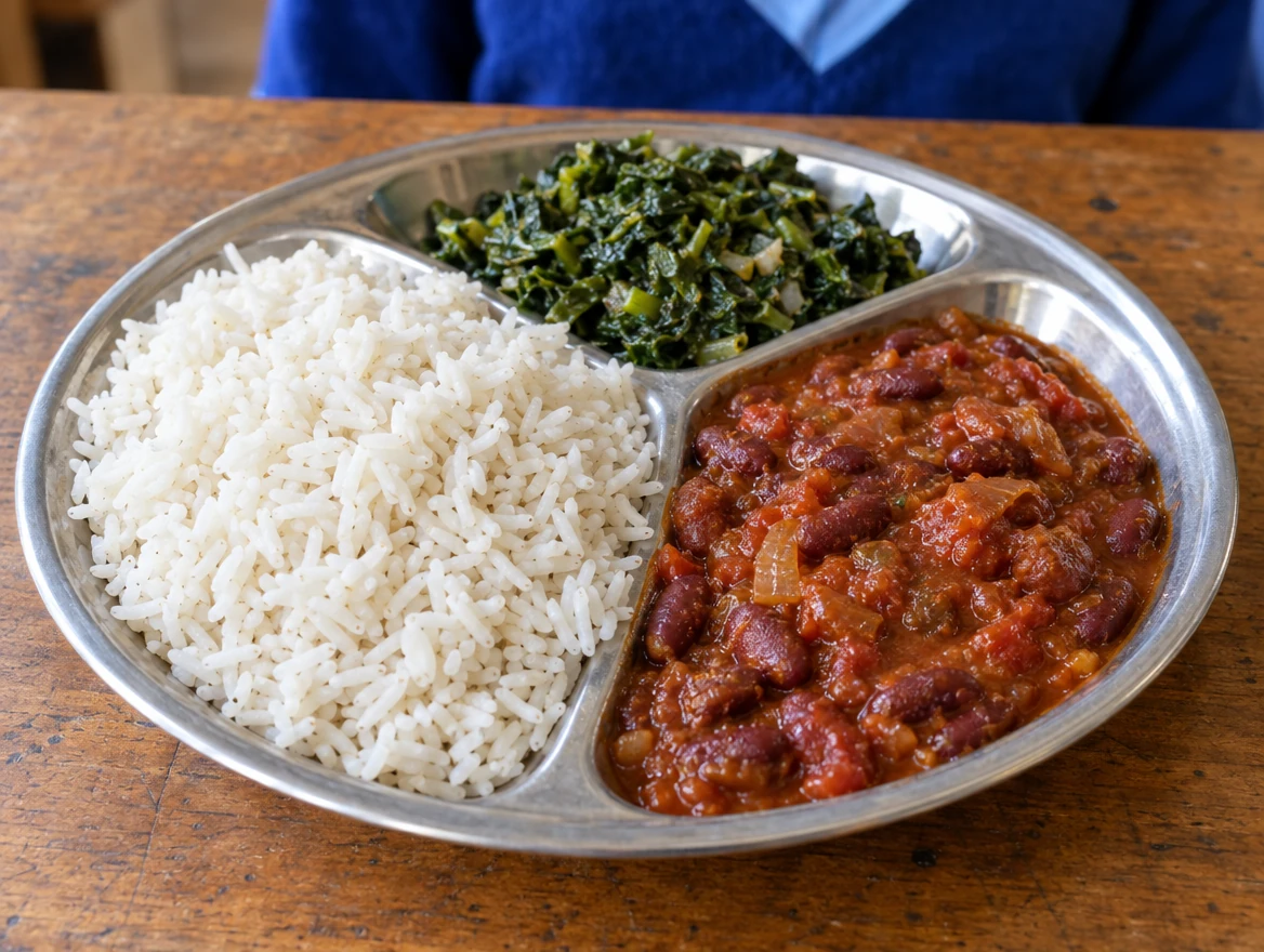 AI-generated illustrative scene of a Kenyan school lunch of cooked rice, kidney-bean stew and greens on a stainless plate.