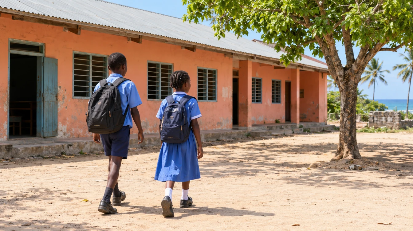 AI-generated illustrative scene of blue-uniformed pupils walking through a modest coastal Kenyan public school.